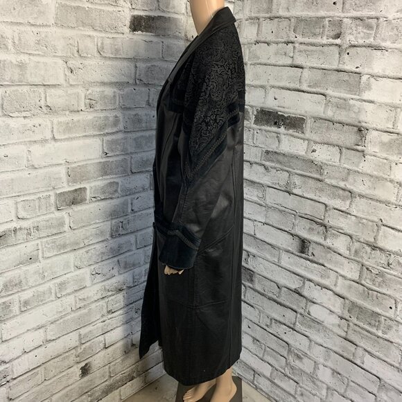 Vintage 80s 90s Leather Suede Trench Coat Long Medium Black Maxi Retro Overcoat - Picture 6 of 16